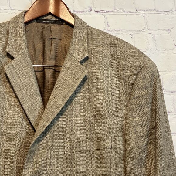 Tasso Elba Mens Size 44L Silk Wool Sport Coat Blazer 46L Brown Plaid Herringbone - Picture 1 of 10